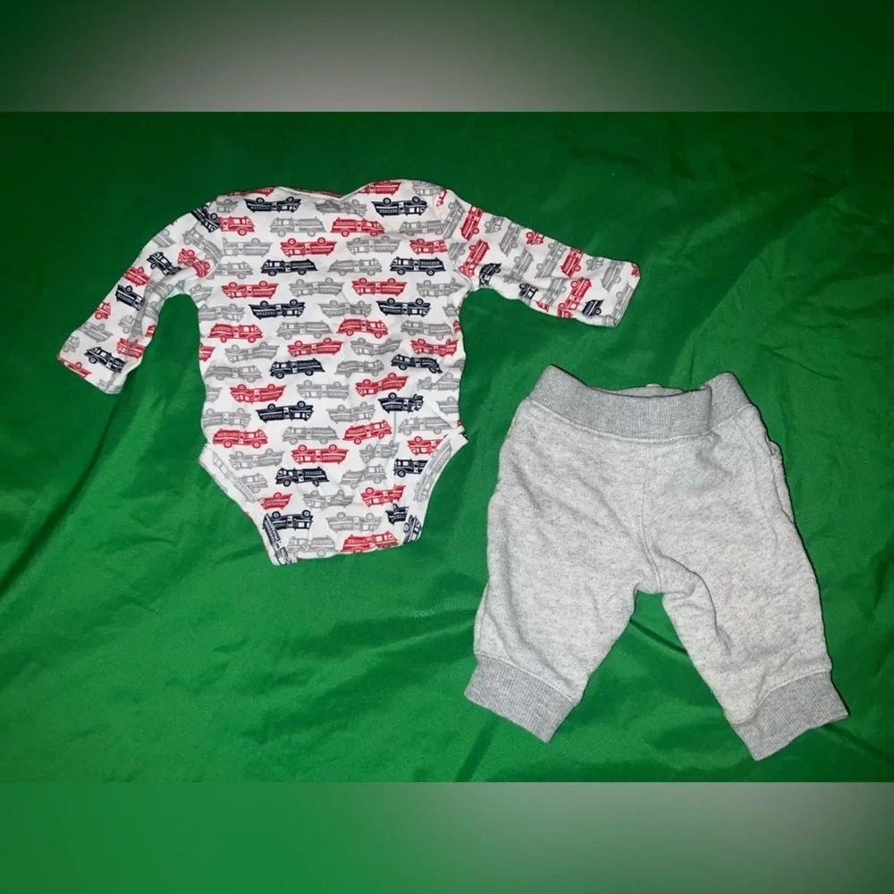 Carter's White and Red Fire Truck Bodysuit and Gray Sweat Pants Outfit size 3M